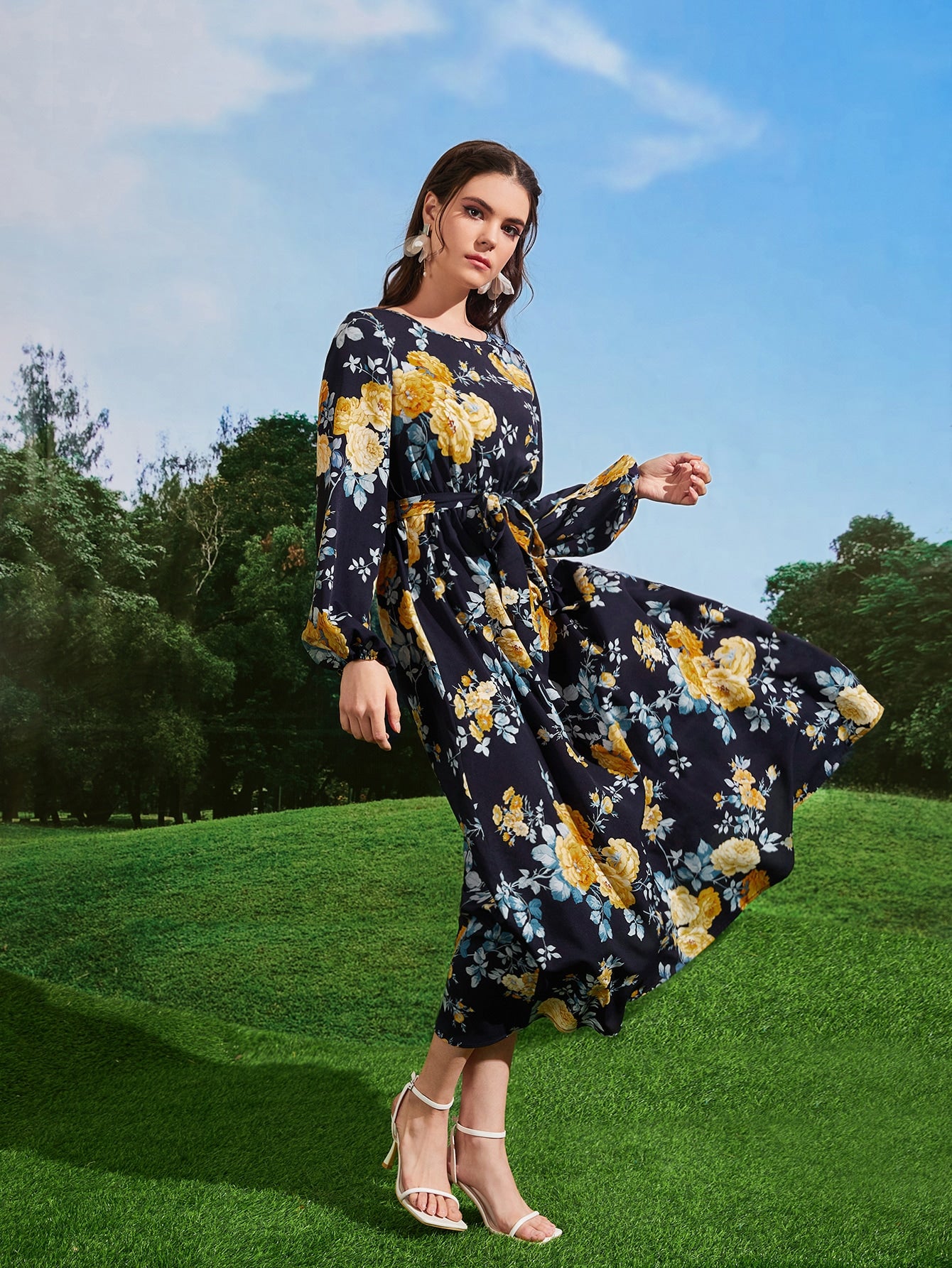  | SHEIN Mulvari Floral Print Lantern Sleeve Belted Dress | Dress | Shein | OneHub