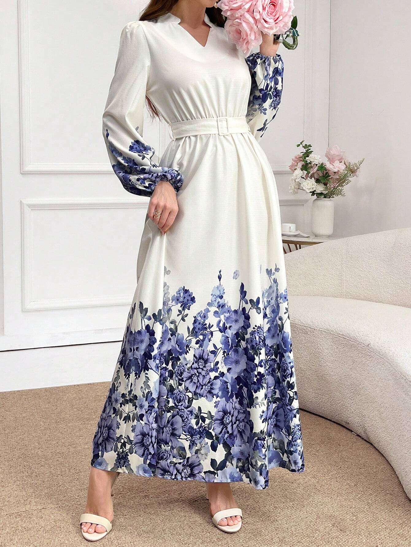  | SHEIN Mulvari Notch Neck Belted Long Sleeve Modest Dress With Floral Print | Dress | Shein | OneHub