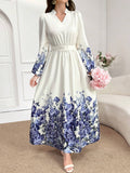  | SHEIN Mulvari Notch Neck Belted Long Sleeve Modest Dress With Floral Print | Dress | Shein | OneHub