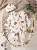 SHEIN Newborn Apricot Color Cute Dinosaur Allover Print Long Sleeve Jumpsuit With Hat And Gloves Set, Casual Romper