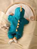 SHEIN Newborn Baby Boy Cute Colorblock Knitted Dinosaur Hooded Romper, Halloween Costume, Autumn/Winter Fall