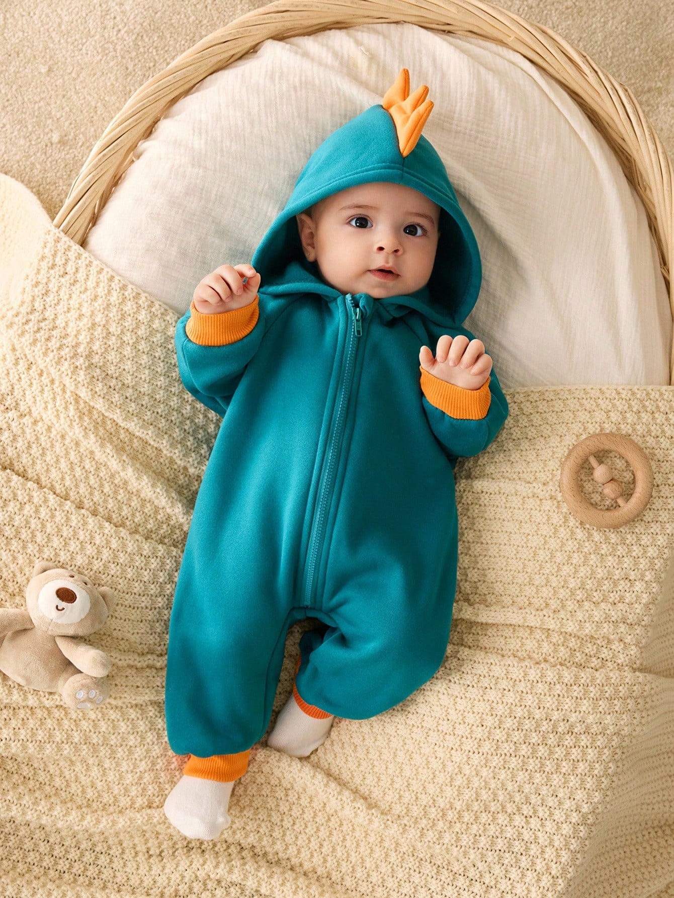 SHEIN Newborn Baby Boy Cute Colorblock Knitted Dinosaur Hooded Romper, Halloween Costume, Autumn/Winter Fall