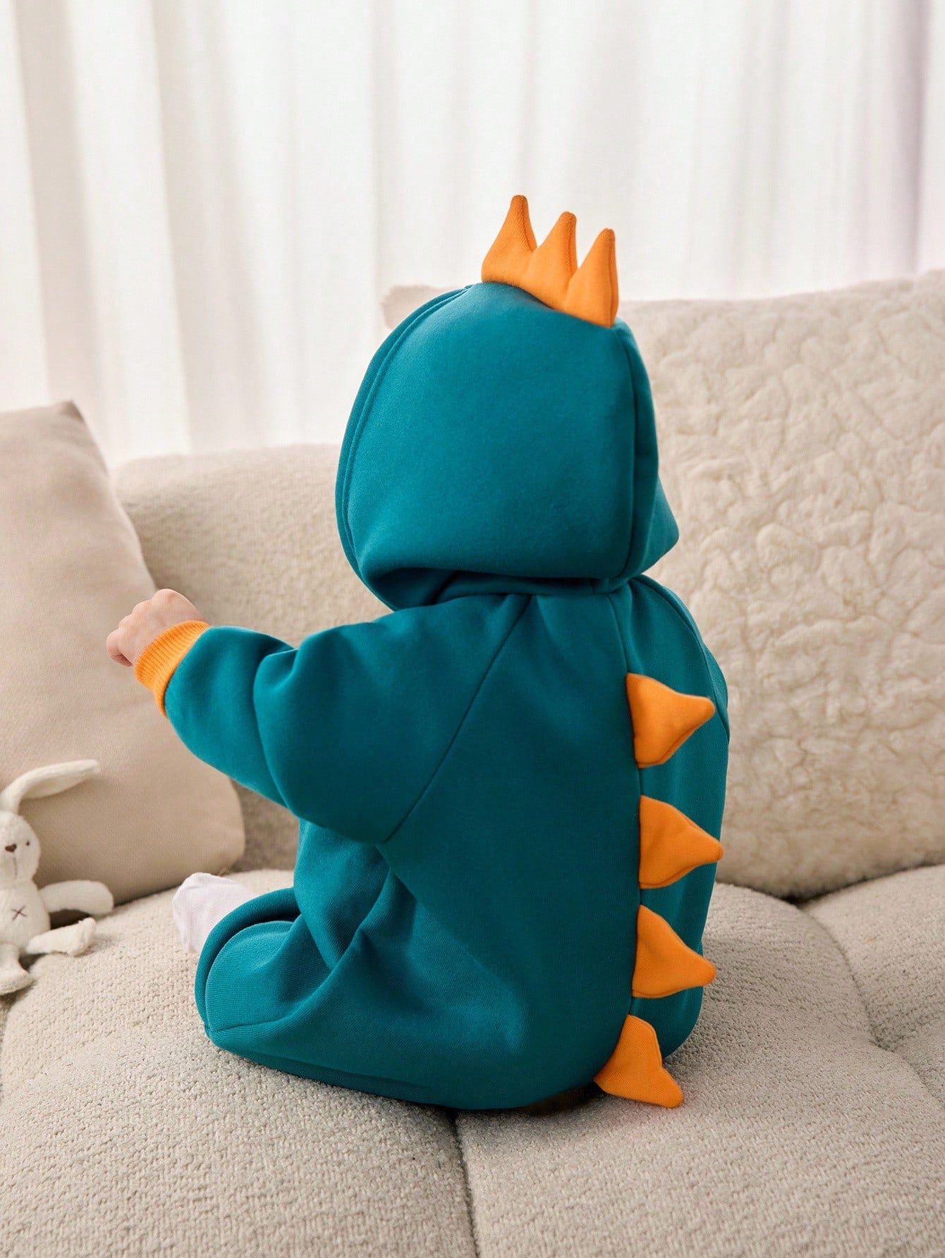 SHEIN Newborn Baby Boy Cute Colorblock Knitted Dinosaur Hooded Romper, Halloween Costume, Autumn/Winter Fall