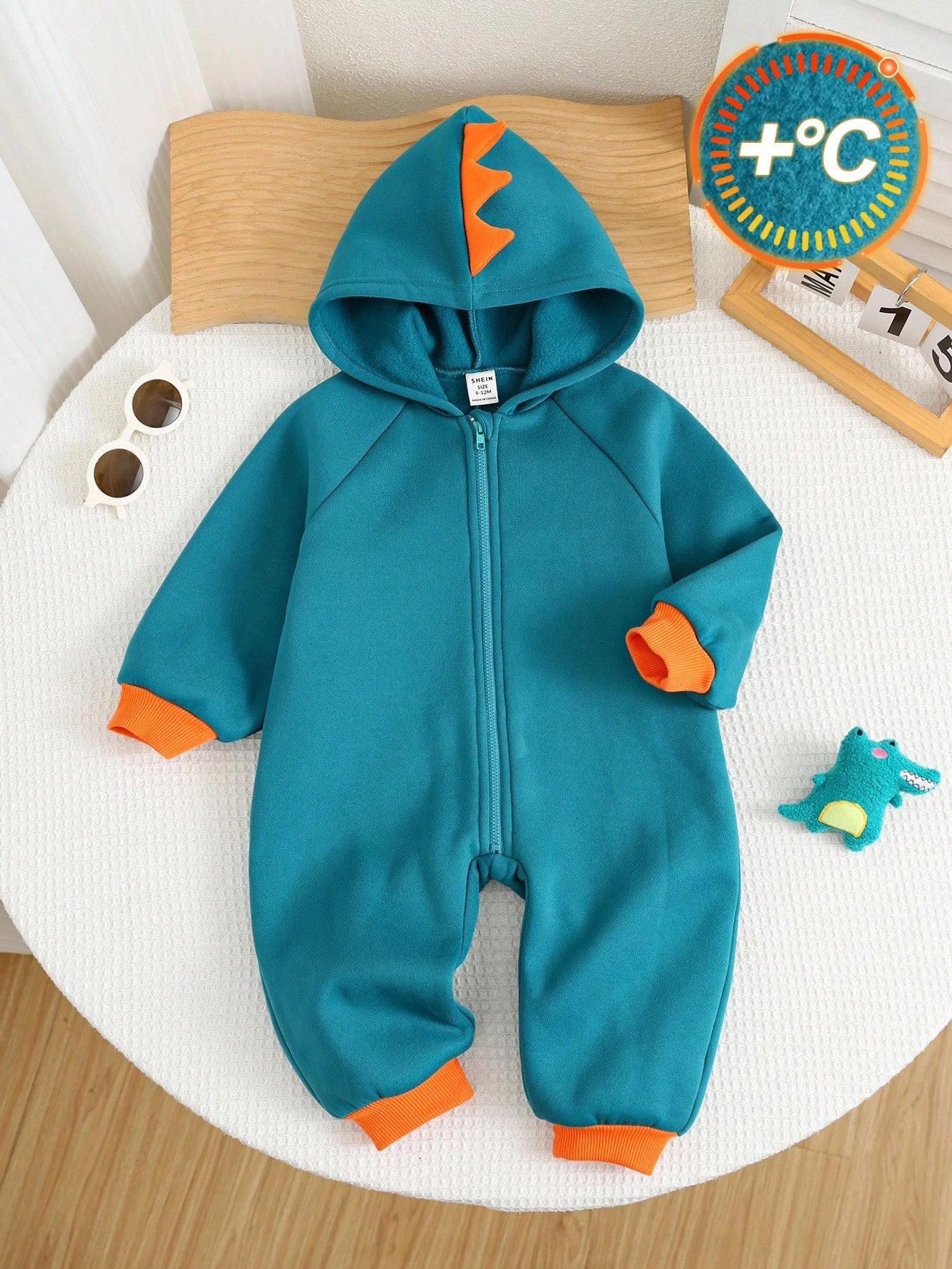 SHEIN Newborn Baby Boy Cute Colorblock Knitted Dinosaur Hooded Romper, Halloween Costume, Autumn/Winter Fall