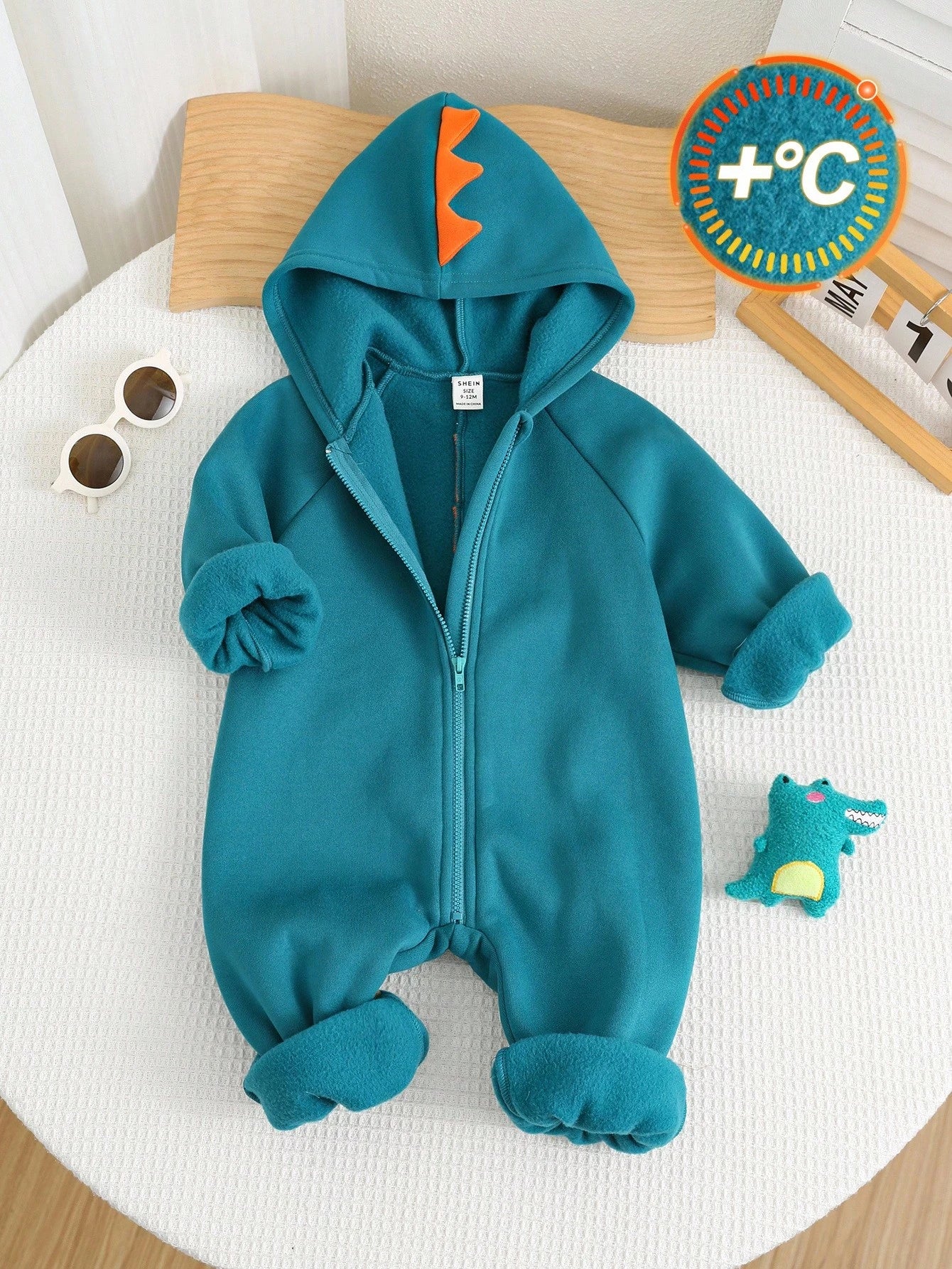 SHEIN Newborn Baby Boy Cute Colorblock Knitted Dinosaur Hooded Romper, Halloween Costume, Autumn/Winter Fall