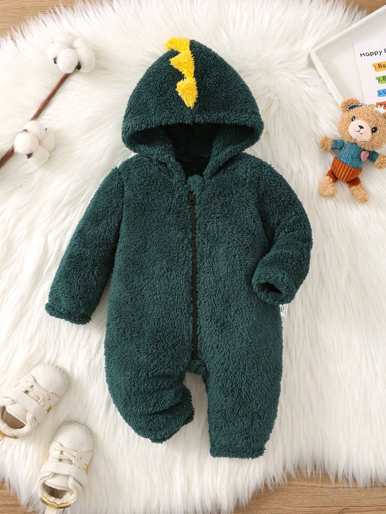  | SHEIN Newborn Baby Boys Autumn Winter Hooded Horn Shaped Zipper Front Long Sleeve Fleece Romper | Dress | Shein | OneHub