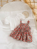 SHEIN Newborn Baby Girl Cute Sweet Ruffle Sleeve Solid Color Top & Floral Suspender Skirt 2pcs Set, Suitable For Summer
