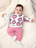  | SHEIN Newborn Baby Girl Heart Printed Sweatshirt And Solid Color Elastic Waist Long Pants Set | Bodysuit | Shein | OneHub