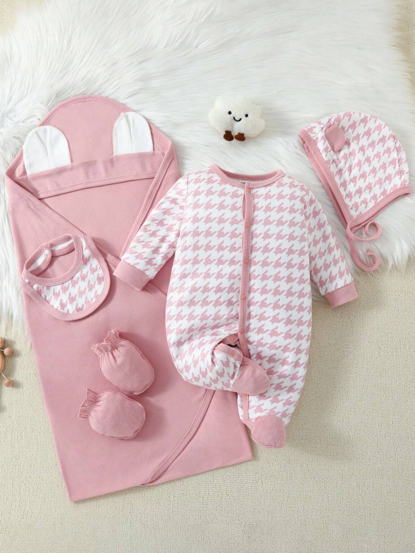  | SHEIN Newborn Baby Girls' Pink Gingham Print 3d Shaped Hat, Towel, Footed Jumpsuit, And Bodysuit Set With Gift Box | Dress | Shein | OneHub