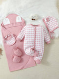  | SHEIN Newborn Baby Girls' Pink Gingham Print 3d Shaped Hat, Towel, Footed Jumpsuit, And Bodysuit Set With Gift Box | Dress | Shein | OneHub