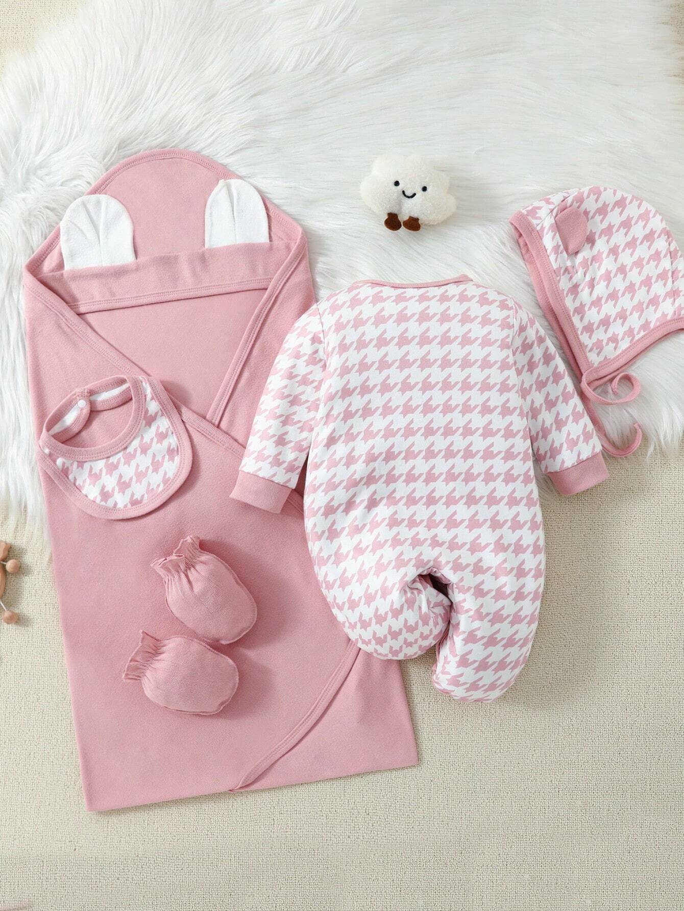 | SHEIN Newborn Baby Girls' Pink Gingham Print 3d Shaped Hat, Towel, Footed Jumpsuit, And Bodysuit Set With Gift Box | Dress | Shein | OneHub