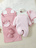  | SHEIN Newborn Baby Girls' Pink Gingham Print 3d Shaped Hat, Towel, Footed Jumpsuit, And Bodysuit Set With Gift Box | Dress | Shein | OneHub