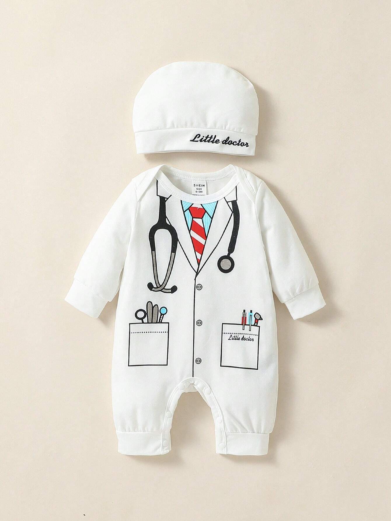  | SHEIN Persoplay Kids Baby Boy Costume Mini Doctor Printed Long Sleeve Jumpsuit With Embroidered Hat, For Daily | Dress | Shein | OneHub