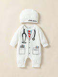SHEIN Persoplay Kids Baby Boy Costume Mini Doctor Printed Long Sleeve Jumpsuit With Embroidered Hat, For Daily