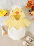 SHEIN Persoplay Kids New Arrival 2024 Comfortable And Cute Baby Boys' Chick Shaped Hooded Bodysuit