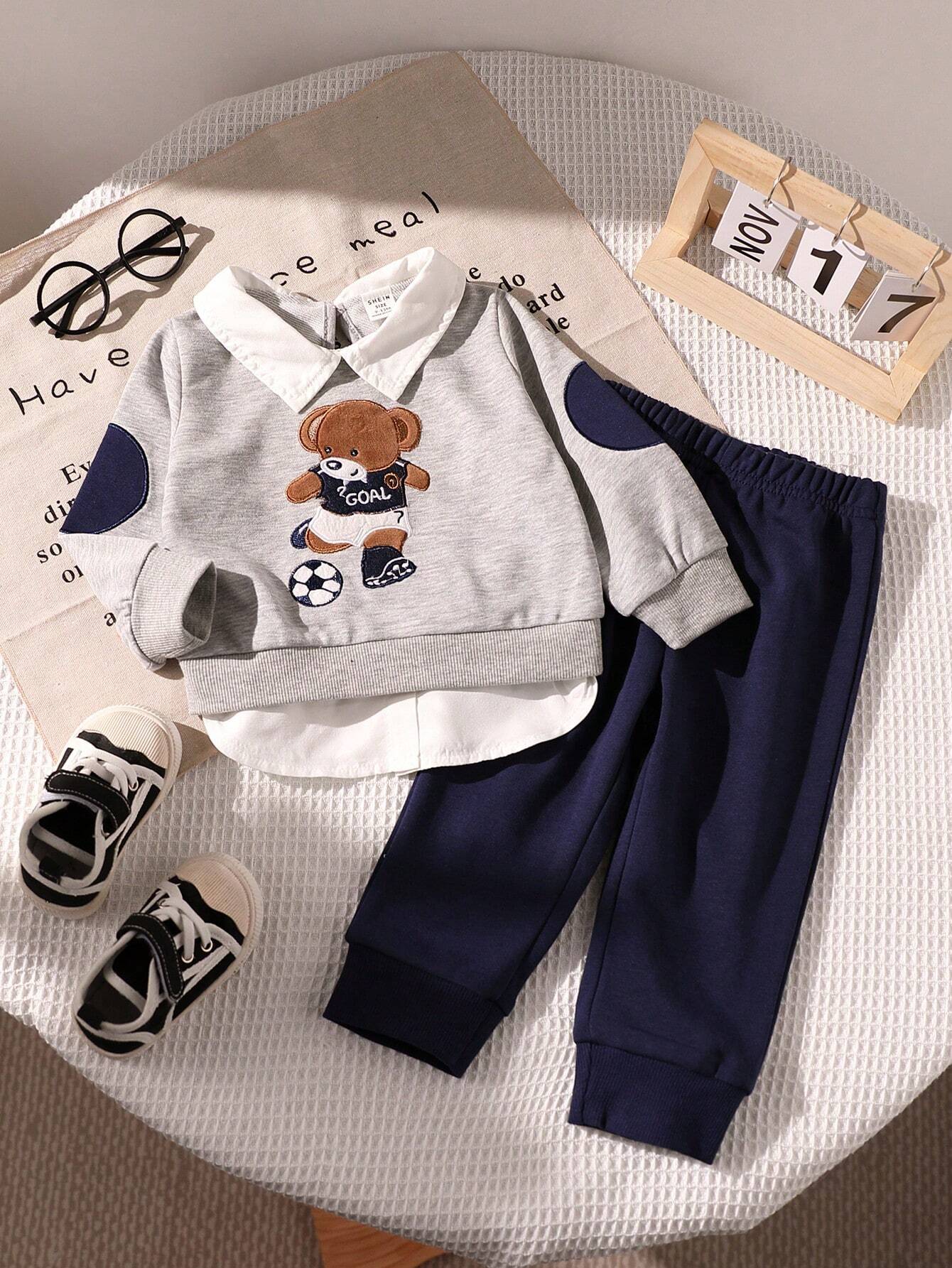 SHEIN Playful Pals Baby Boy 2pcs Cute Bear & Football Embroidered Shirt Collar 2 In 1 Sweatshirt And Sweatpants