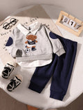 SHEIN Playful Pals Baby Boy 2pcs Cute Bear & Football Embroidered Shirt Collar 2 In 1 Sweatshirt And Sweatpants