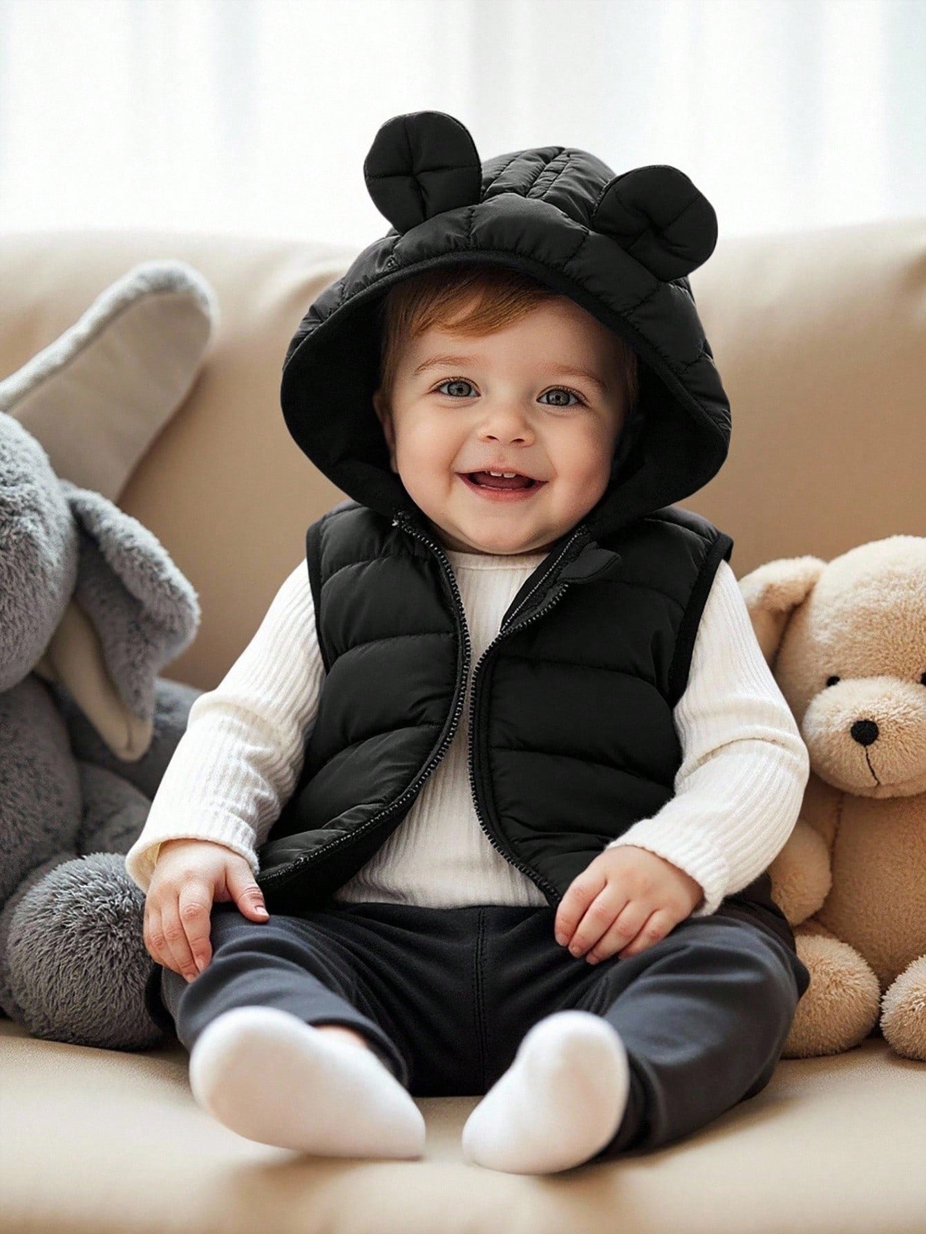 SHEIN Playful Pals Baby Boy Cotton Padded Vest With Hood And Ear Design