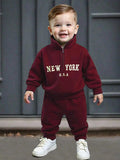 SHEIN Playful Pals Baby Boy Front Zipper Long Sleeve Letter Print Minimalist Top And Trousers Set