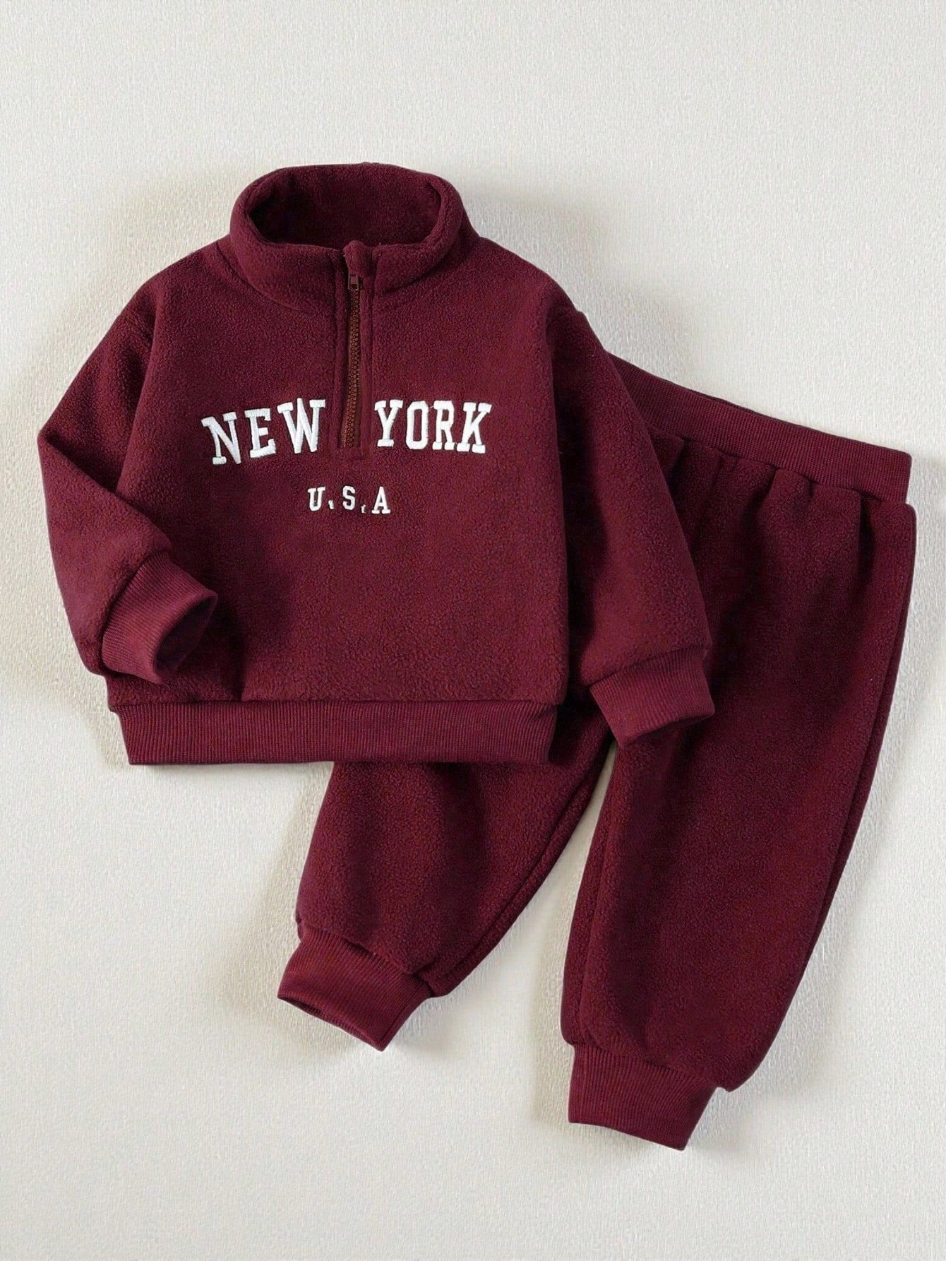 SHEIN Playful Pals Baby Boy Front Zipper Long Sleeve Letter Print Minimalist Top And Trousers Set