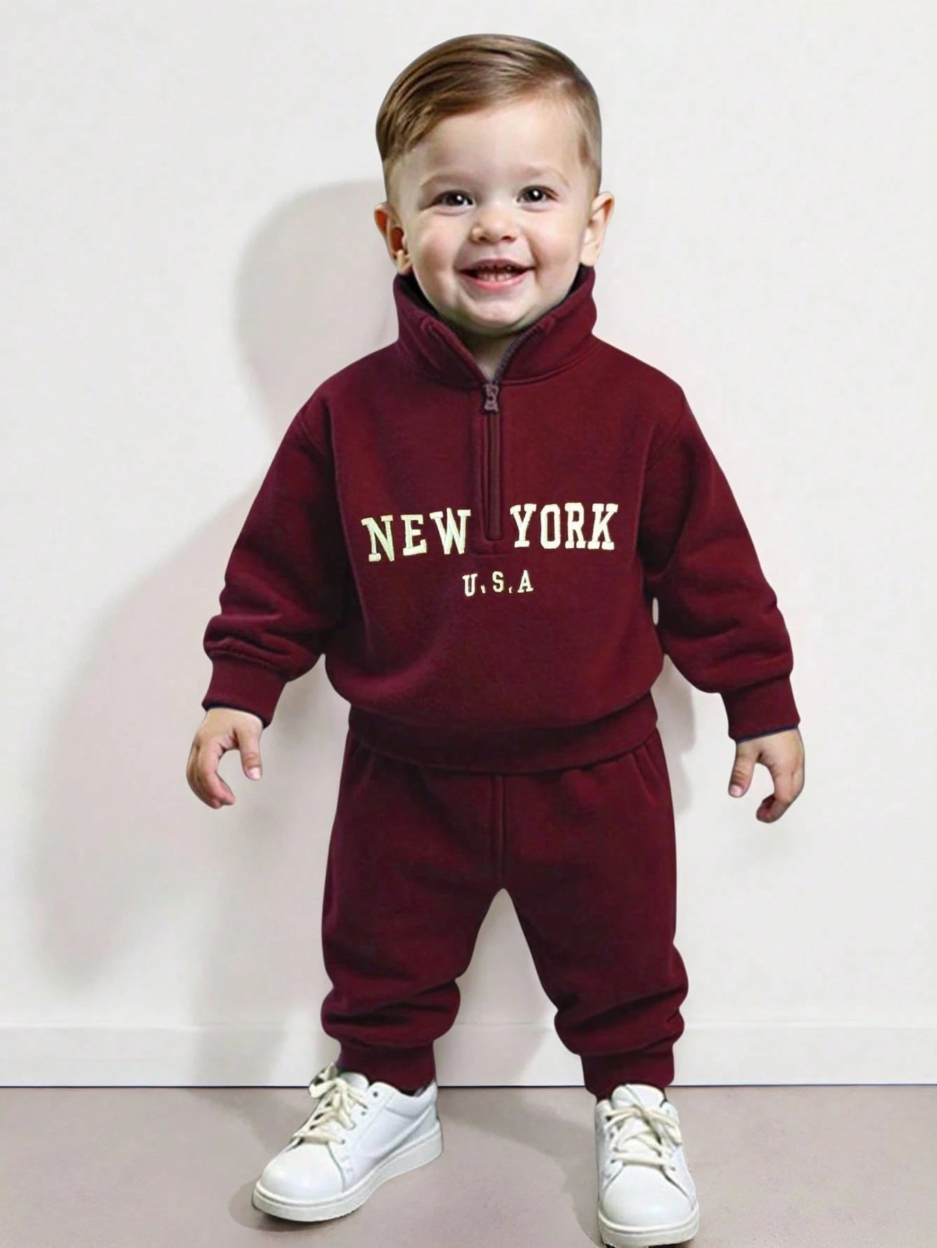 SHEIN Playful Pals Baby Boy Front Zipper Long Sleeve Letter Print Minimalist Top And Trousers Set