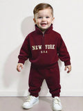 SHEIN Playful Pals Baby Boy Front Zipper Long Sleeve Letter Print Minimalist Top And Trousers Set