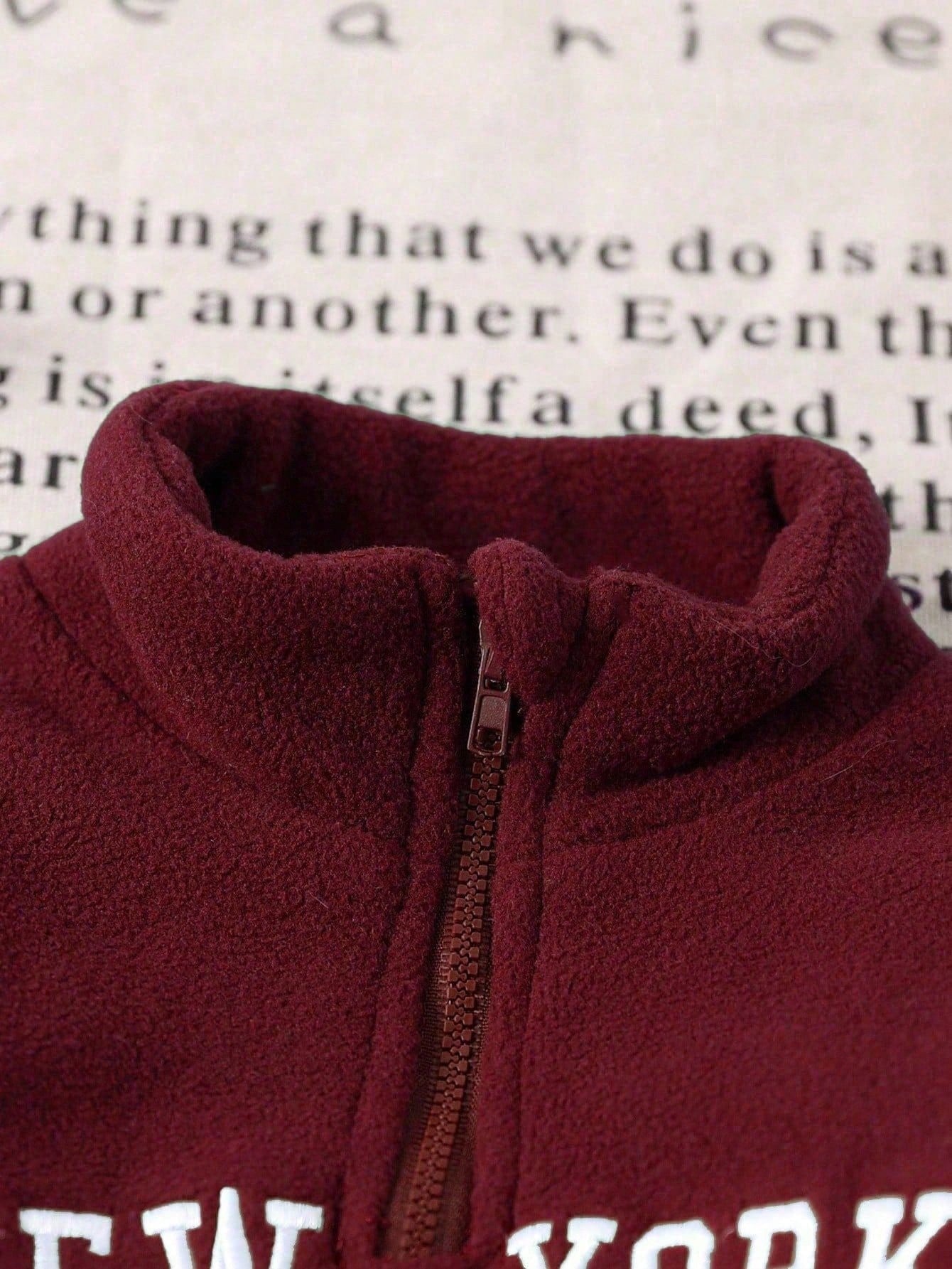 SHEIN Playful Pals Baby Boy Front Zipper Long Sleeve Letter Print Minimalist Top And Trousers Set