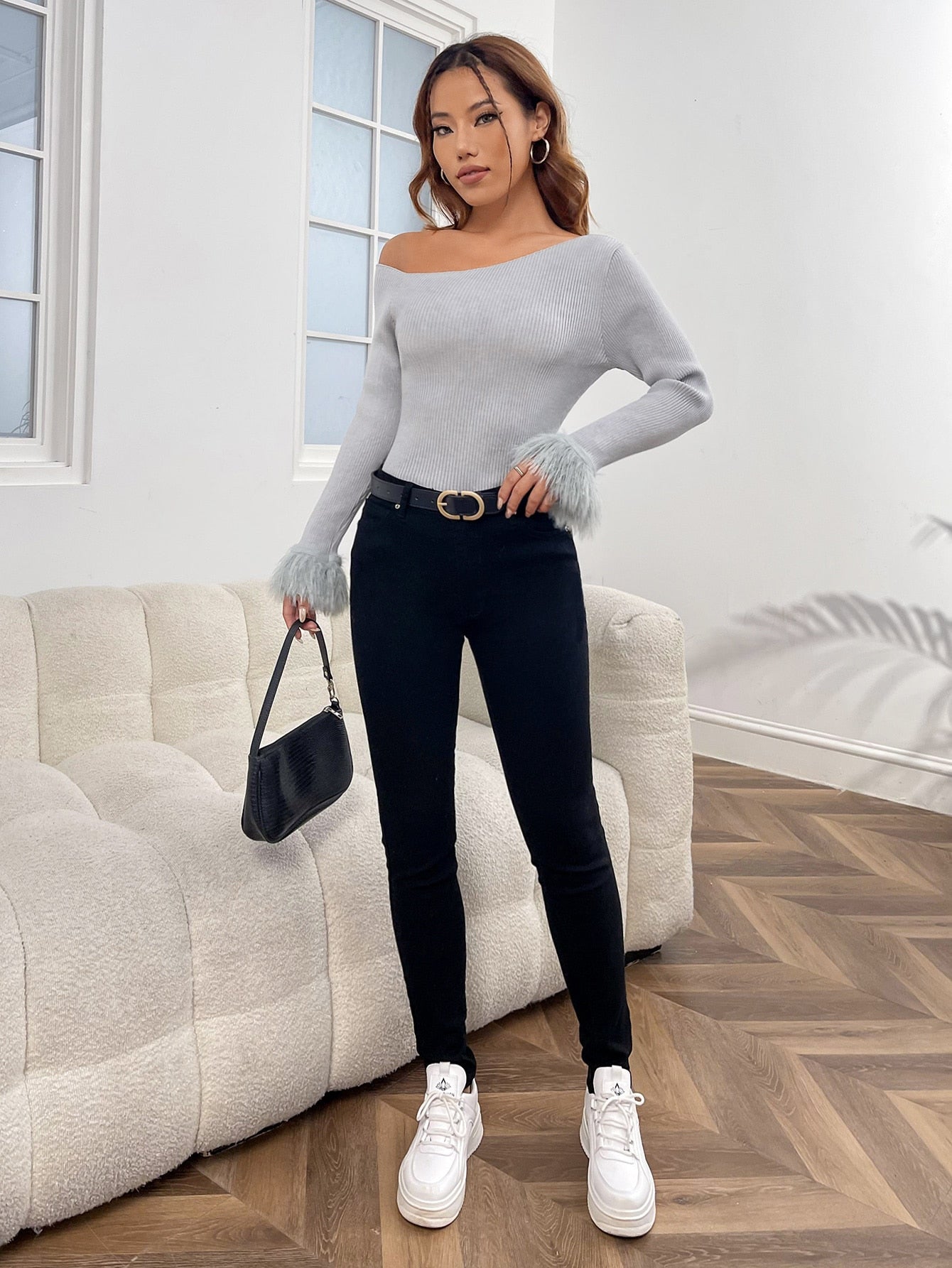  | SHEIN Priv̩ Asymmetrical Neck Fuzzy Cuff Ribbed Knit Sweater | Top | Shein | OneHub
