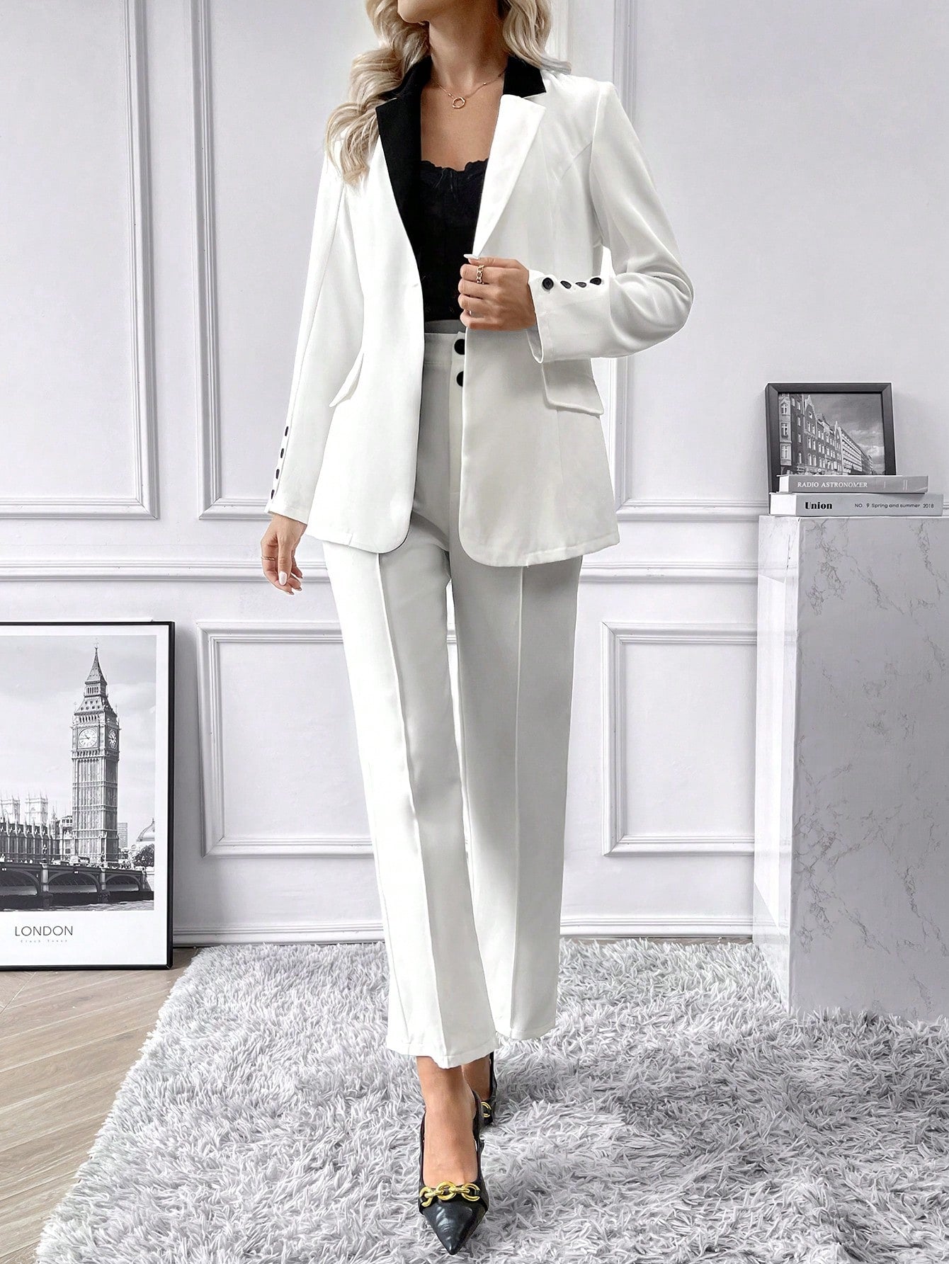  | SHEIN Priv̩ Contrast Collar Flap Detail Blazer & Suit Pants | Blazer | Shein | OneHub