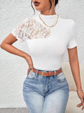  | SHEIN Privé Contrast Lace Mock Neck White Tee | Top | Shein | OneHub