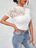  | SHEIN Privé Contrast Lace Mock Neck White Tee | Top | Shein | OneHub