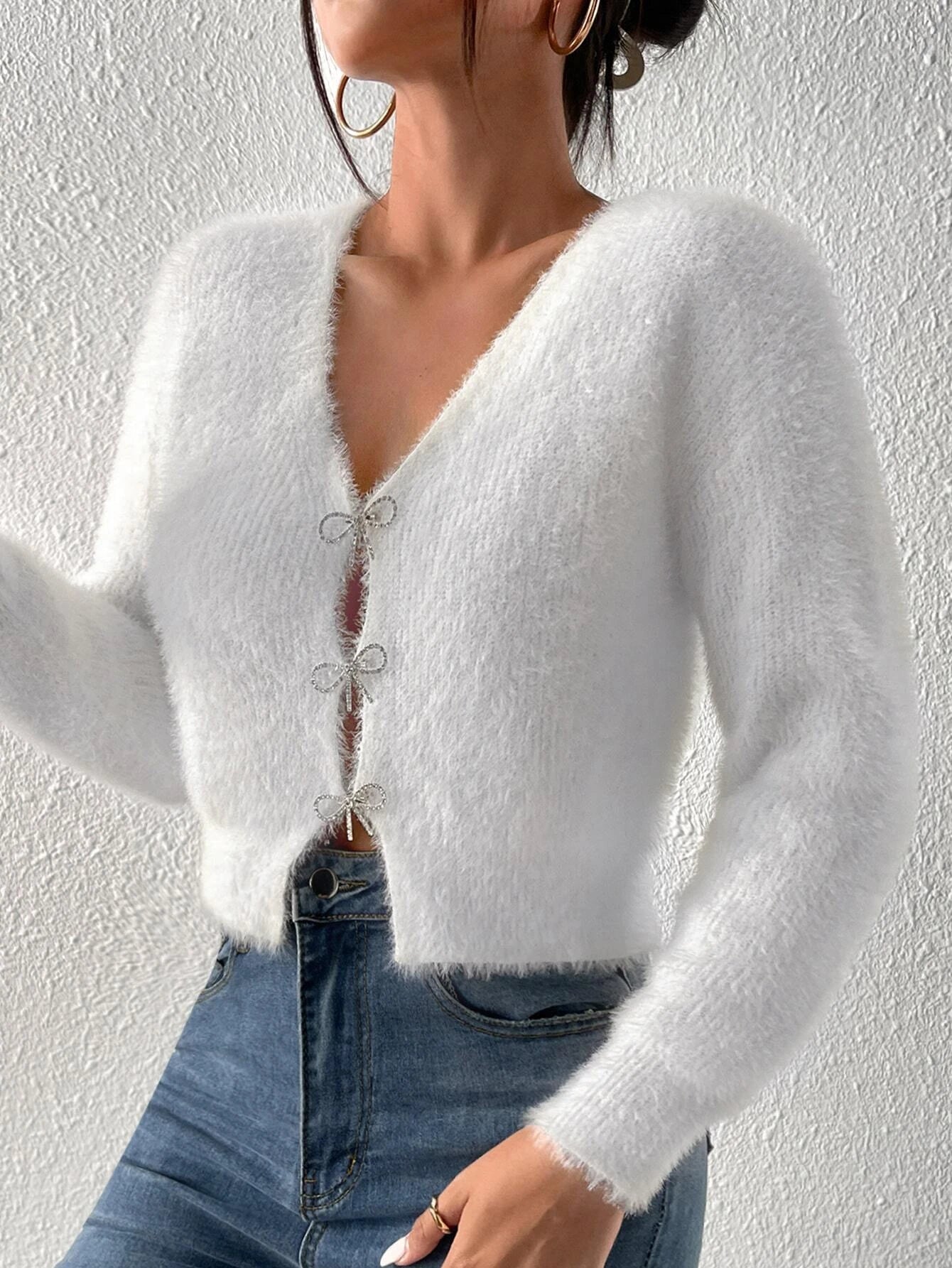  | SHEIN Privé Date Night Rhinestone Bow Front Fluffy Knit Mohair Cardigan | Sweater | Shein | OneHub