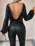  | SHEIN Privé Draped Backless Lantern Sleeve Sequin Blouse | Top | Shein | OneHub