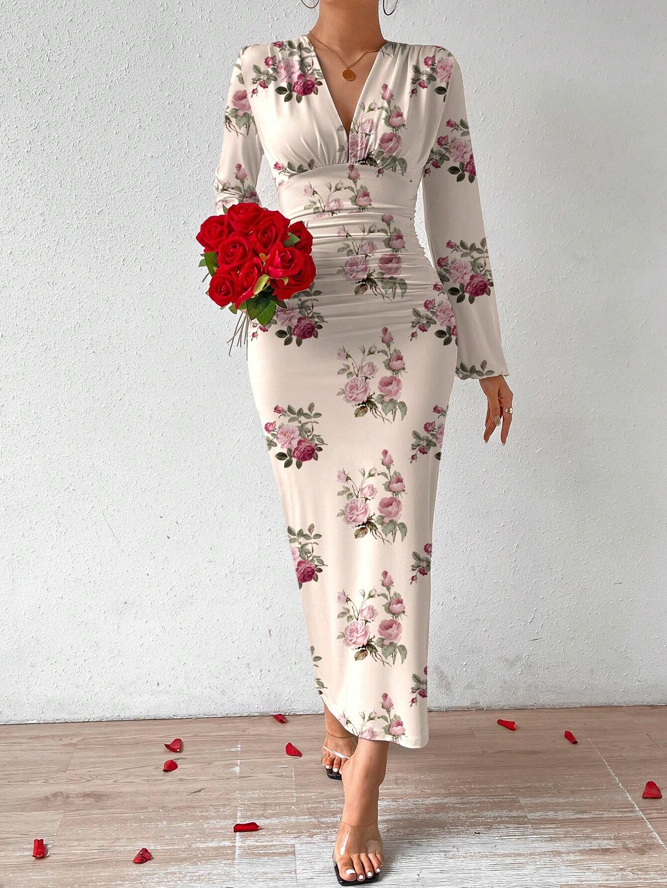 | SHEIN Privé Elegant Women Party V-Neck Floral Print Ruched Puff Sleeve Dress | Dress | Shein | OneHub