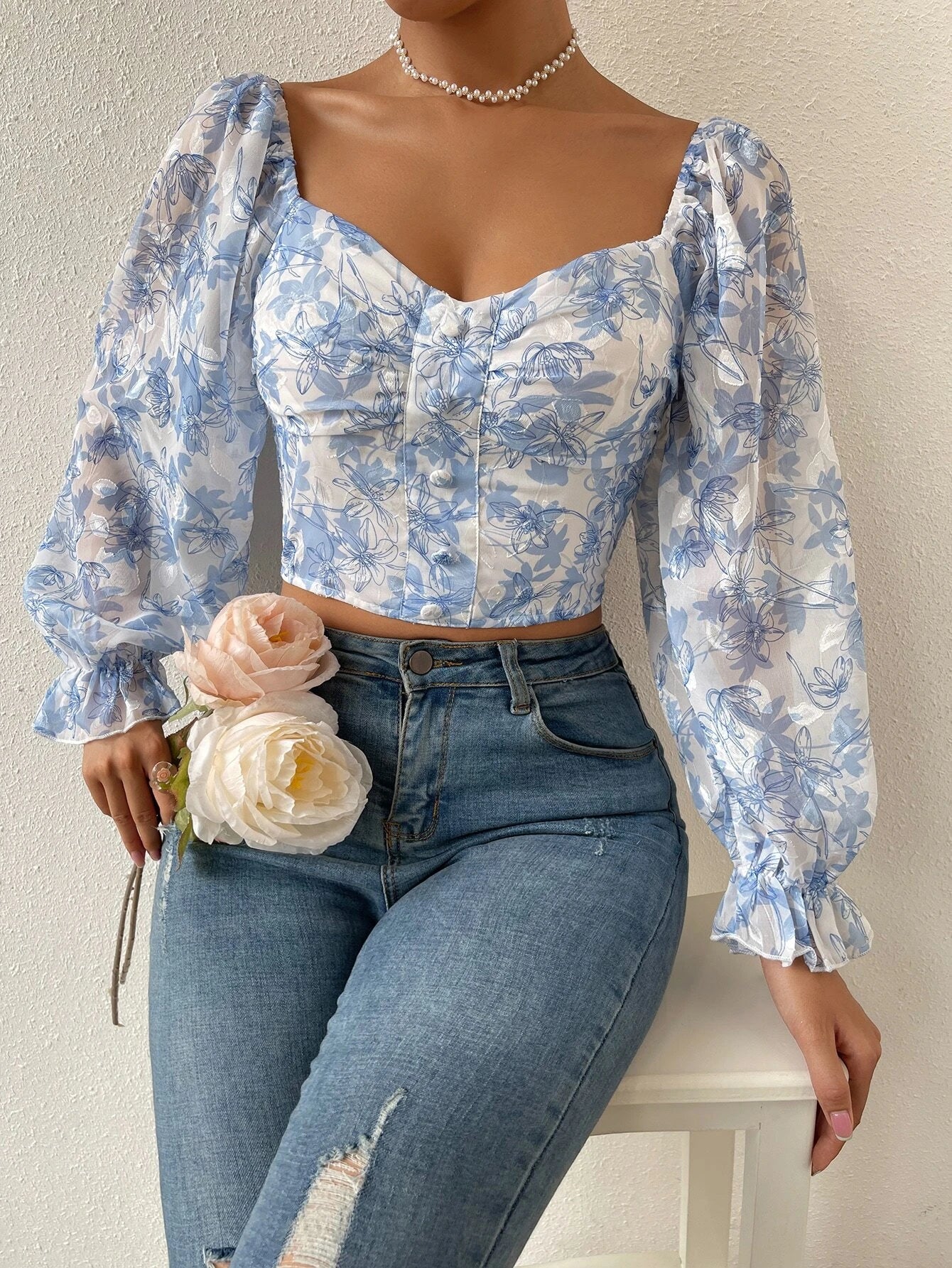  | SHEIN Privé Floral Print Flounce Sleeve Ruched Chiffon Blouse | Top | Shein | OneHub