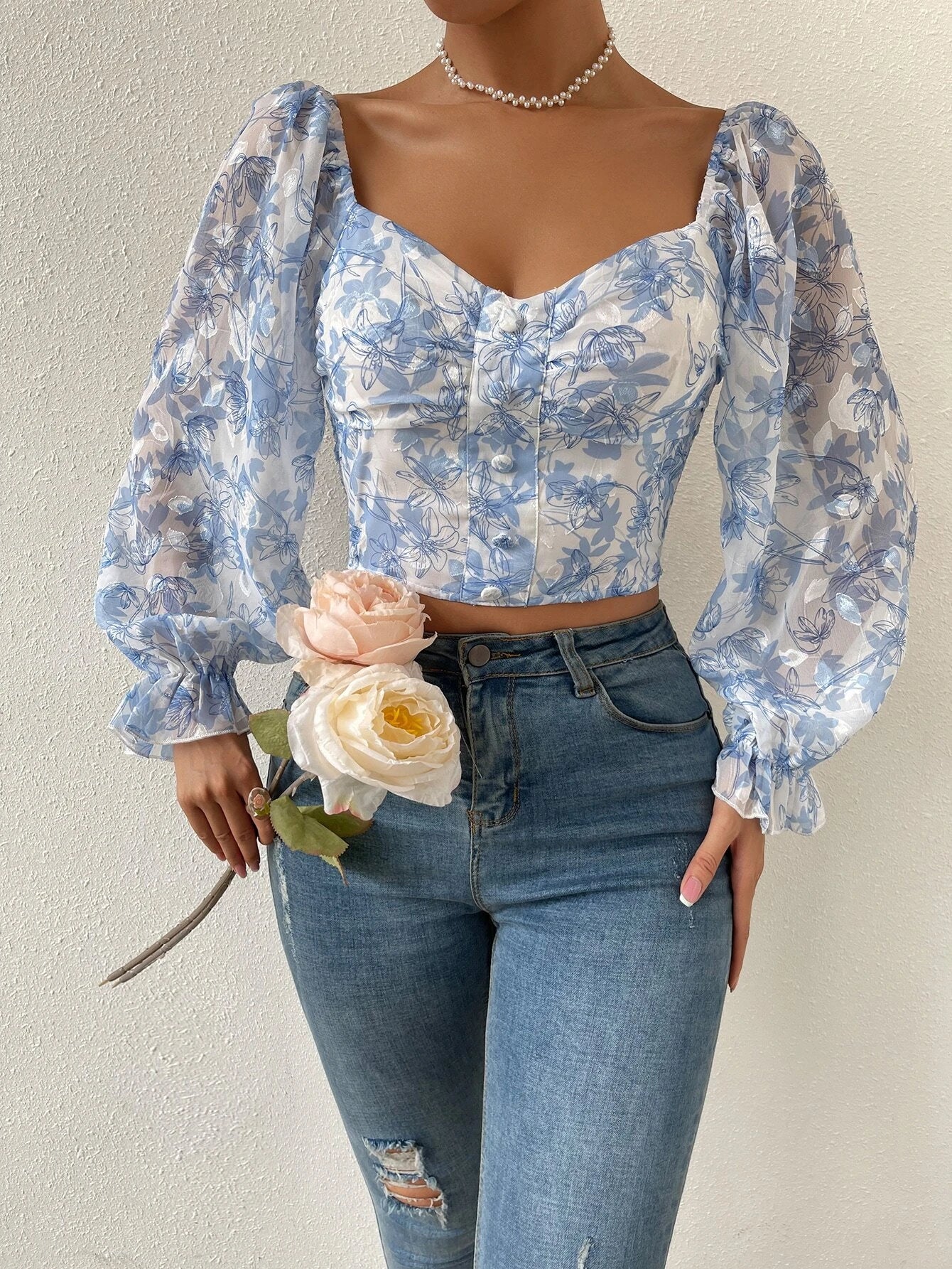  | SHEIN Privé Floral Print Flounce Sleeve Ruched Chiffon Blouse | Top | Shein | OneHub