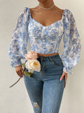  | SHEIN Privé Floral Print Flounce Sleeve Ruched Chiffon Blouse | Top | Shein | OneHub