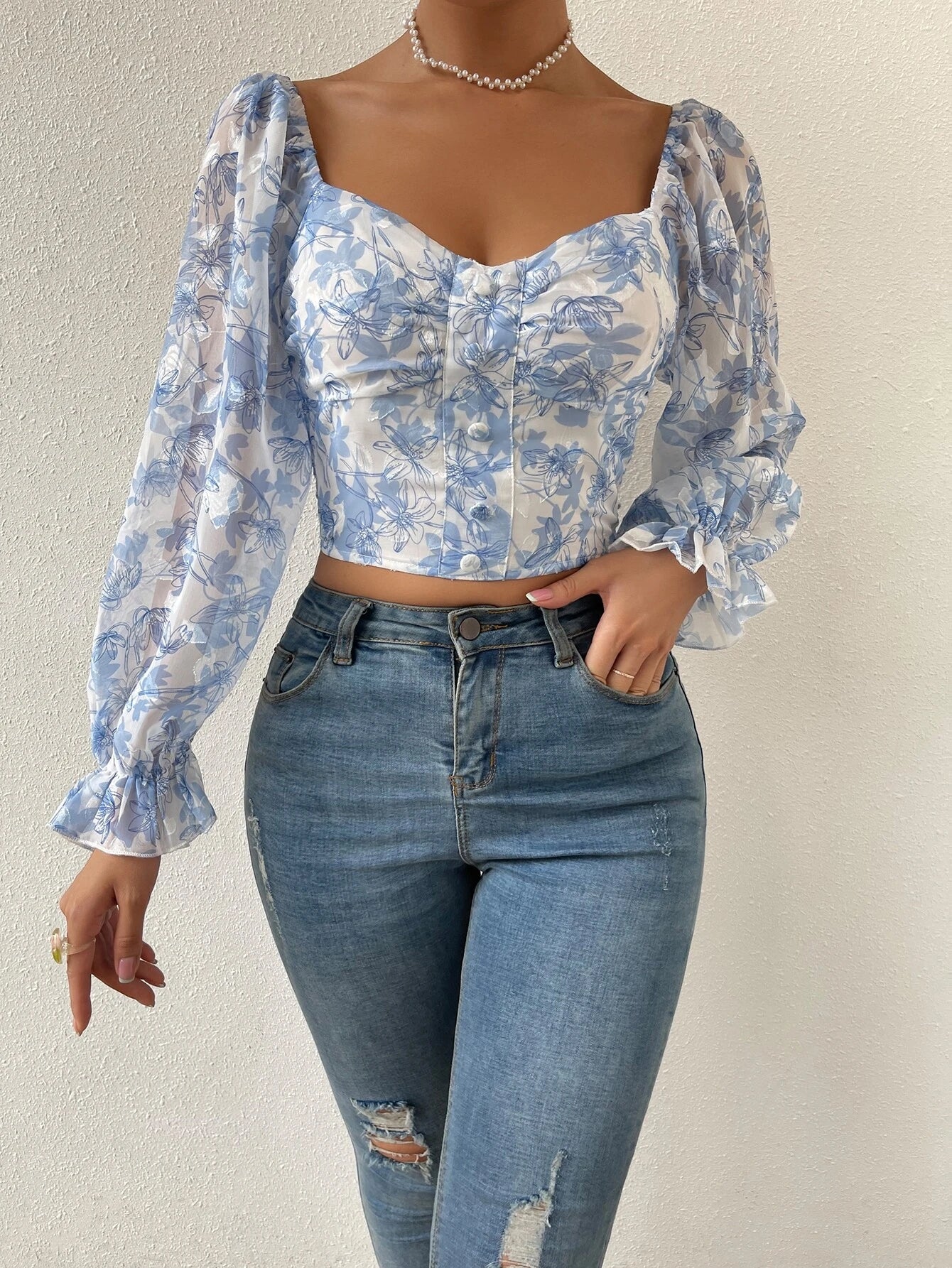  | SHEIN Privé Floral Print Flounce Sleeve Ruched Chiffon Blouse | Top | Shein | OneHub