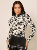  | SHEIN Privé Floral Print Mock Neck Mesh Top | Top | Shein | OneHub