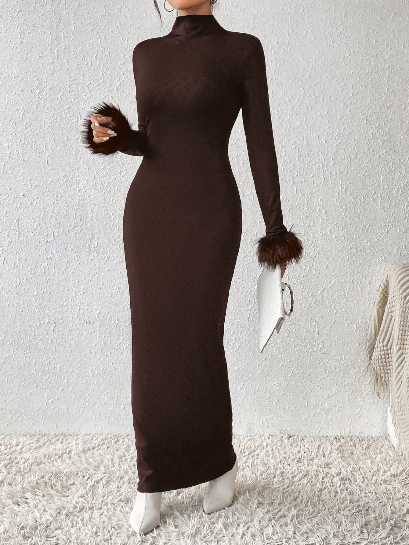 SHEIN Privé Fuzzy Cuff Mock Neck Bodycon Long Black Dress