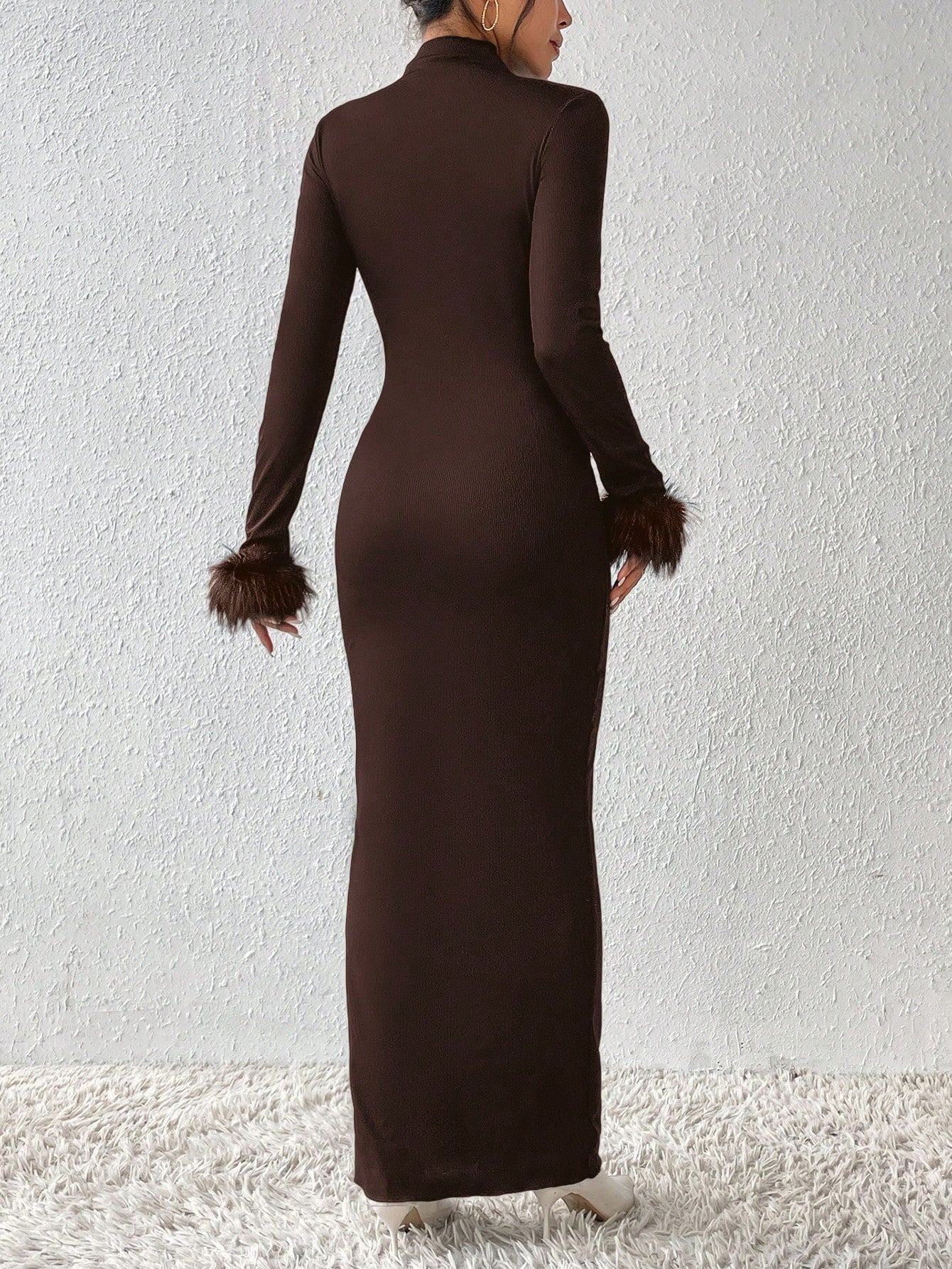 SHEIN Privé Fuzzy Cuff Mock Neck Bodycon Long Black Dress