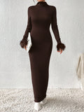 SHEIN Privé Fuzzy Cuff Mock Neck Bodycon Long Black Dress