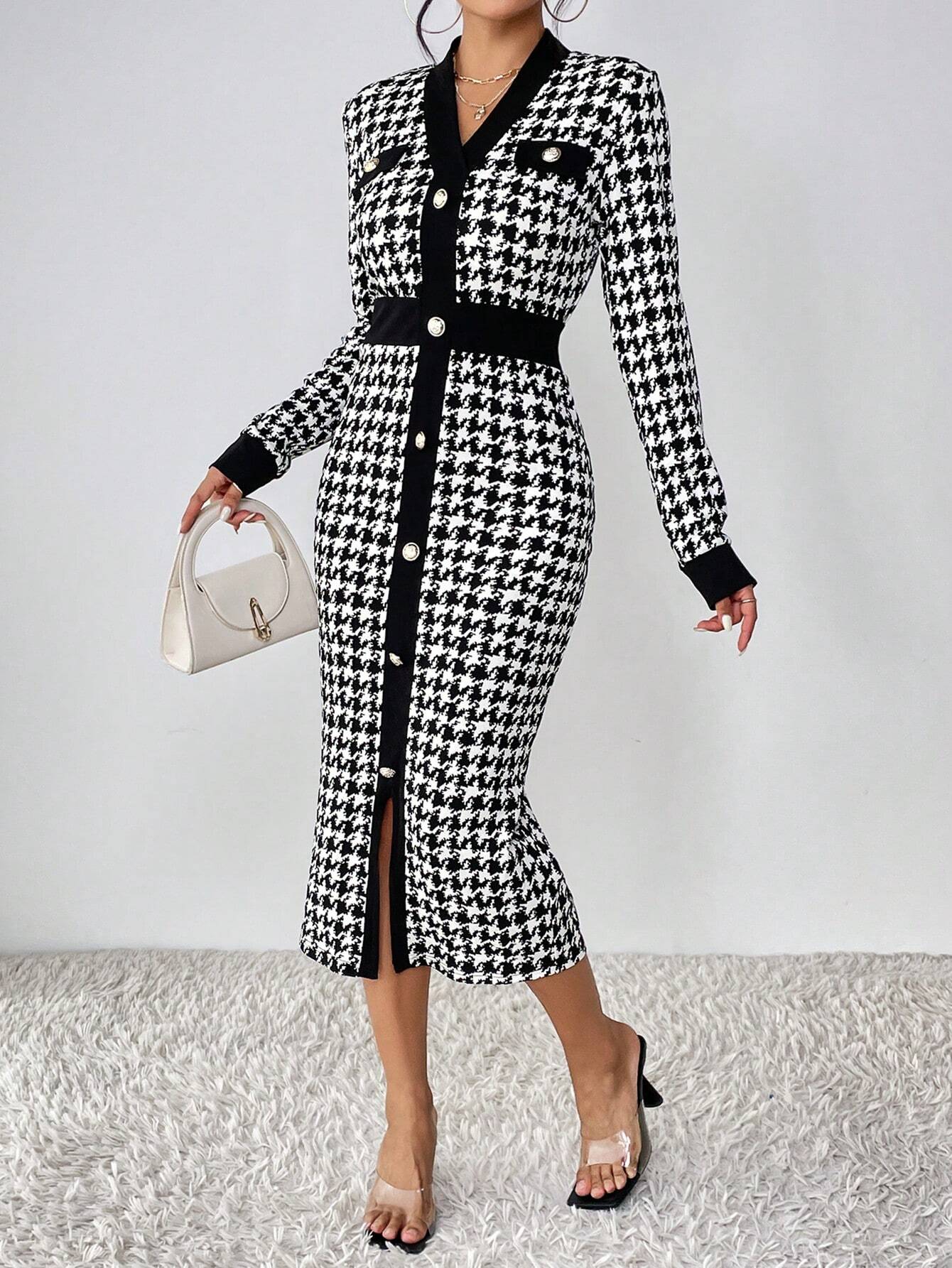  | SHEIN Privé Houndstooth Print Button Front Bodycon Dress | Dress | Shein | OneHub