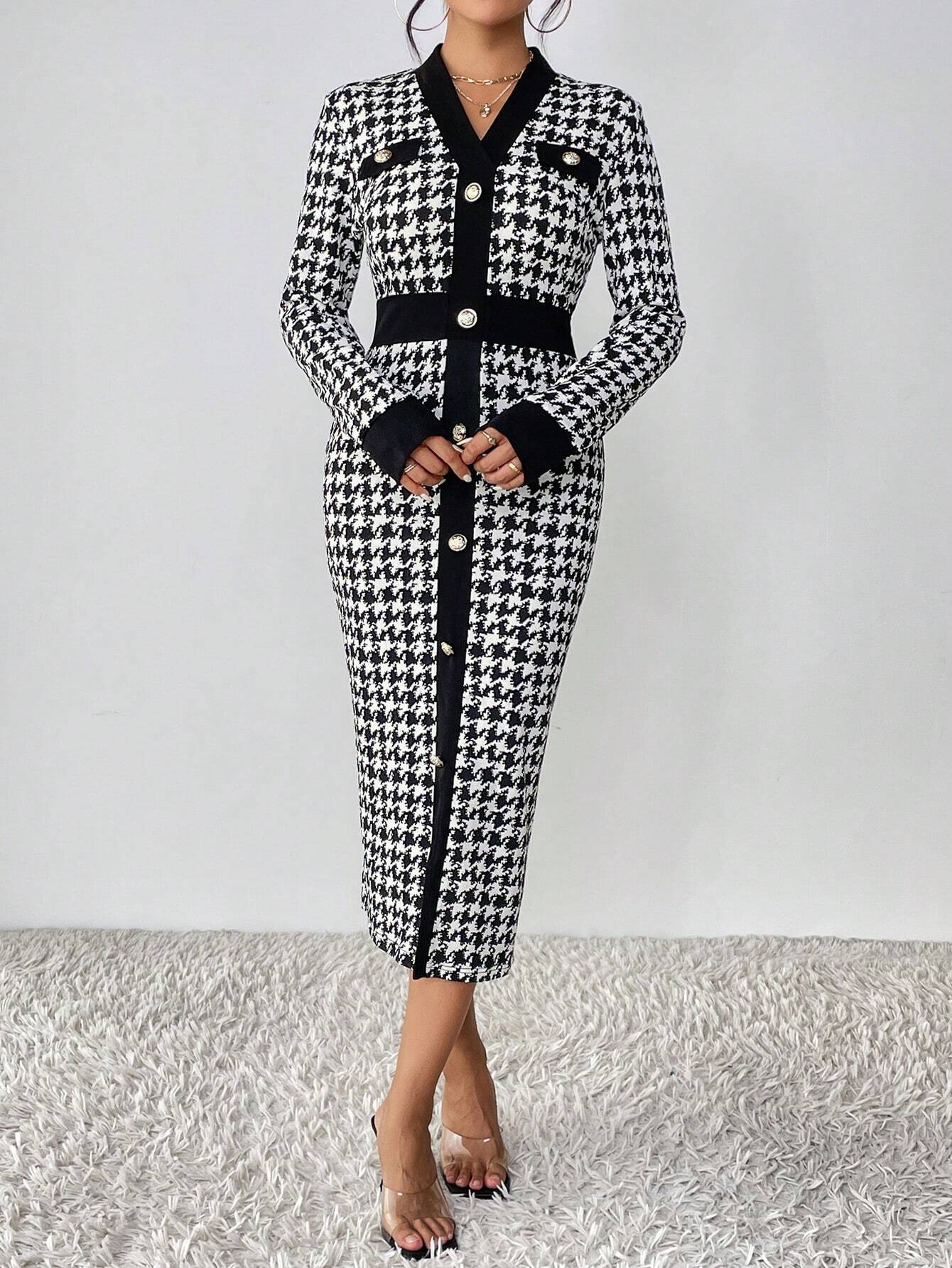  | SHEIN Privé Houndstooth Print Button Front Bodycon Dress | Dress | Shein | OneHub
