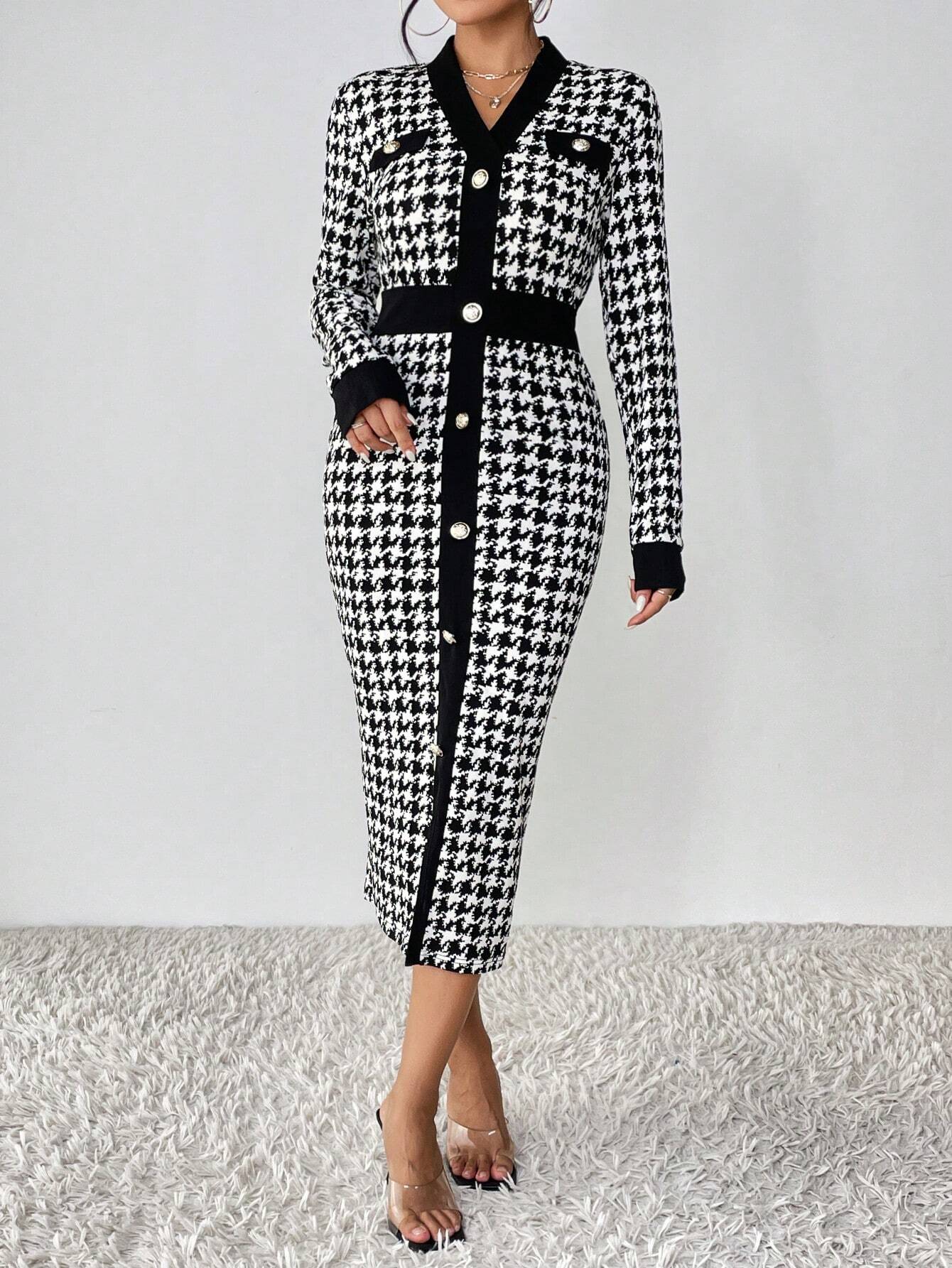  | SHEIN Privé Houndstooth Print Button Front Bodycon Dress | Dress | Shein | OneHub