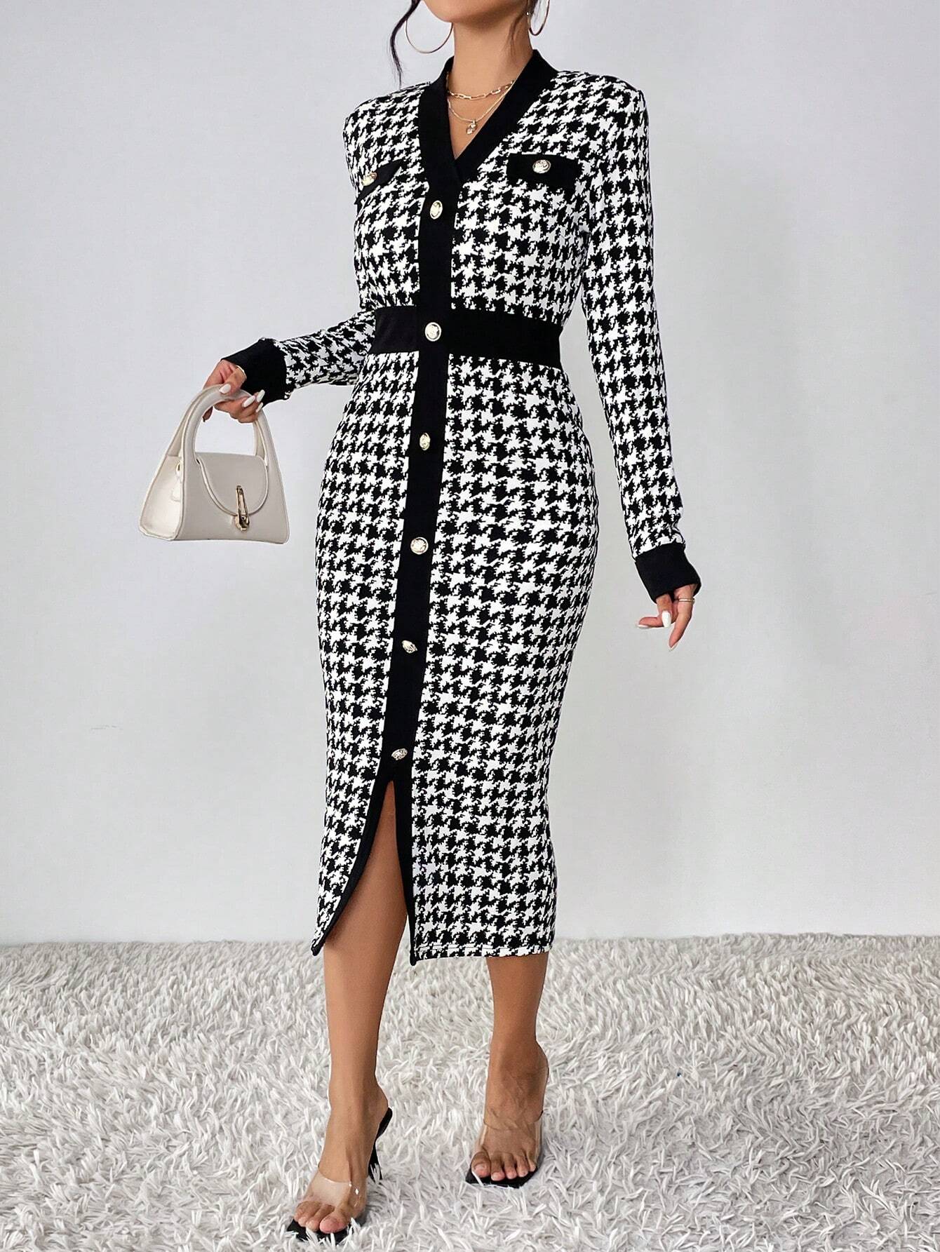  | SHEIN Privé Houndstooth Print Button Front Bodycon Dress | Dress | Shein | OneHub