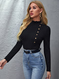  | SHEIN Priv̩ Mock Neck Lettuce Trim Button Detail Fitted Top | Top | Shein | OneHub