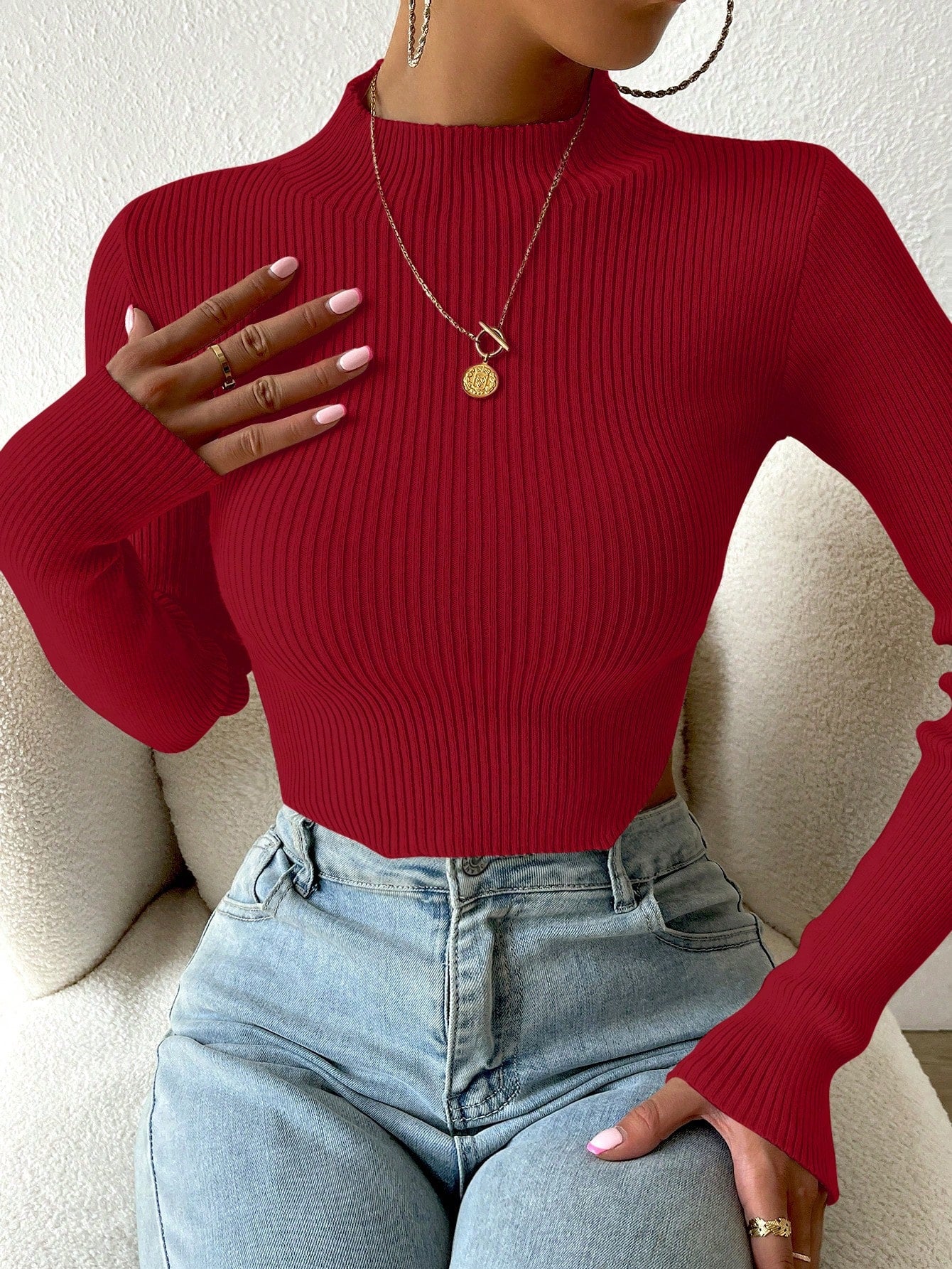  | SHEIN Priv̩ Mock Neck Ribbed Knit Crop Sweater | Top | Shein | OneHub