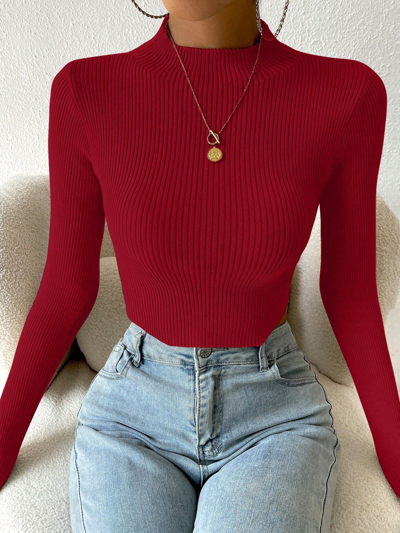  | SHEIN Priv̩ Mock Neck Ribbed Knit Crop Sweater | Top | Shein | OneHub