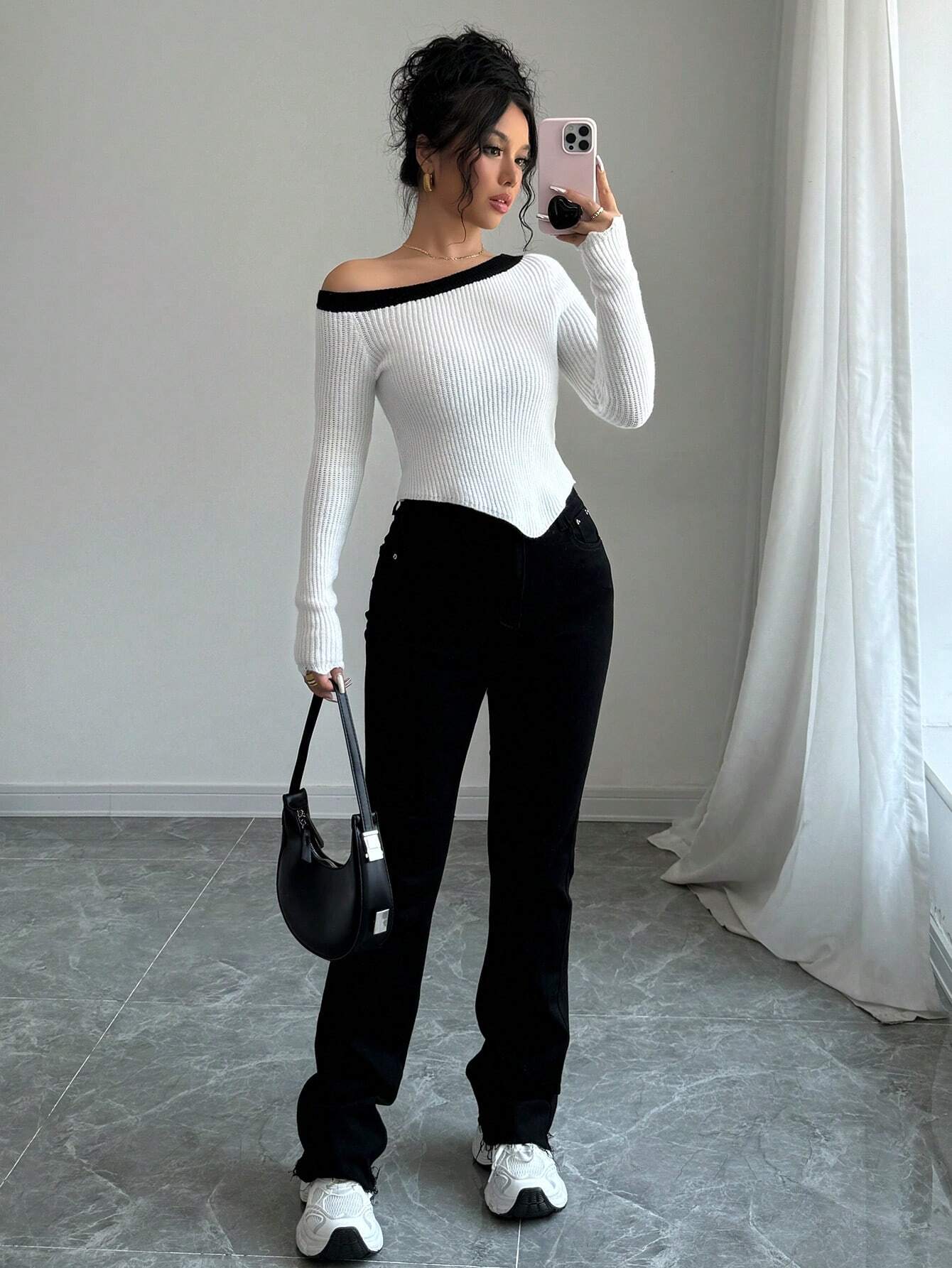  | SHEIN Privé New Black & White Color Block Asymmetrical Neck Fitted Pullover Sweater | Sweater | Shein | OneHub